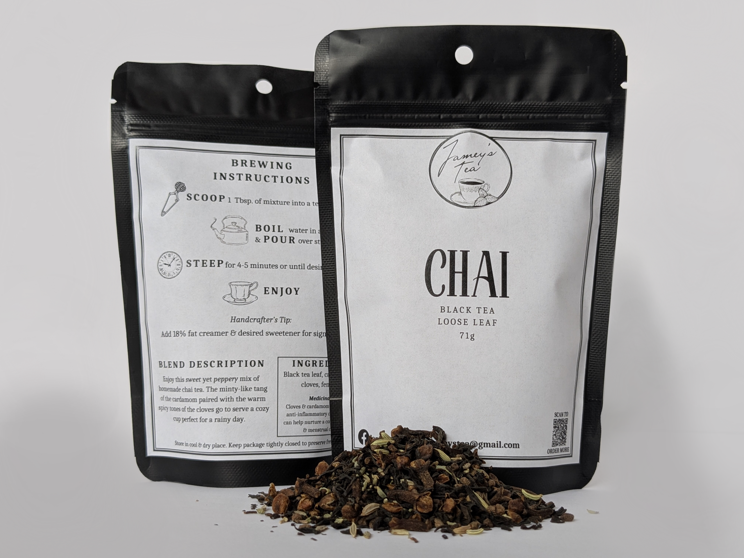 A bag of jamey's tea, chai flavour